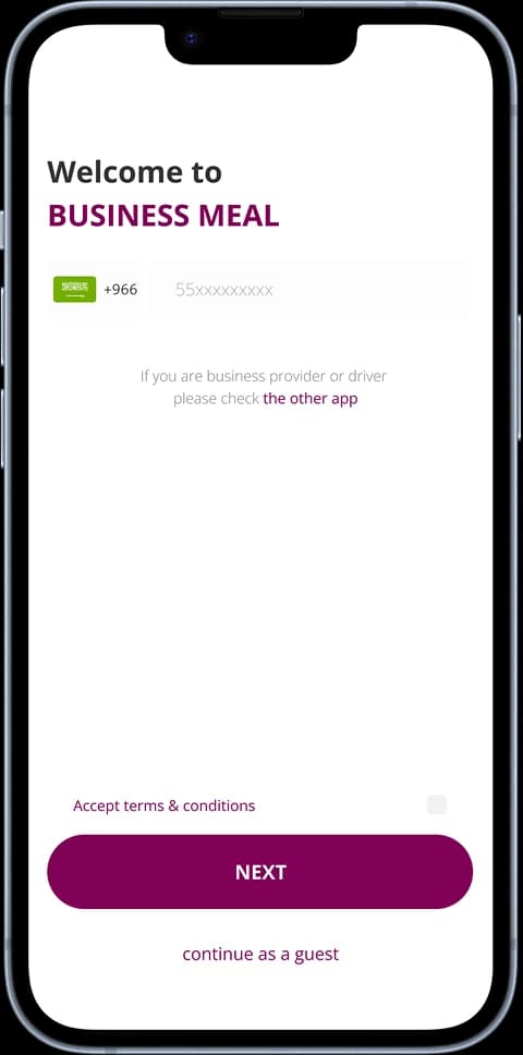 Business Meal Login screen